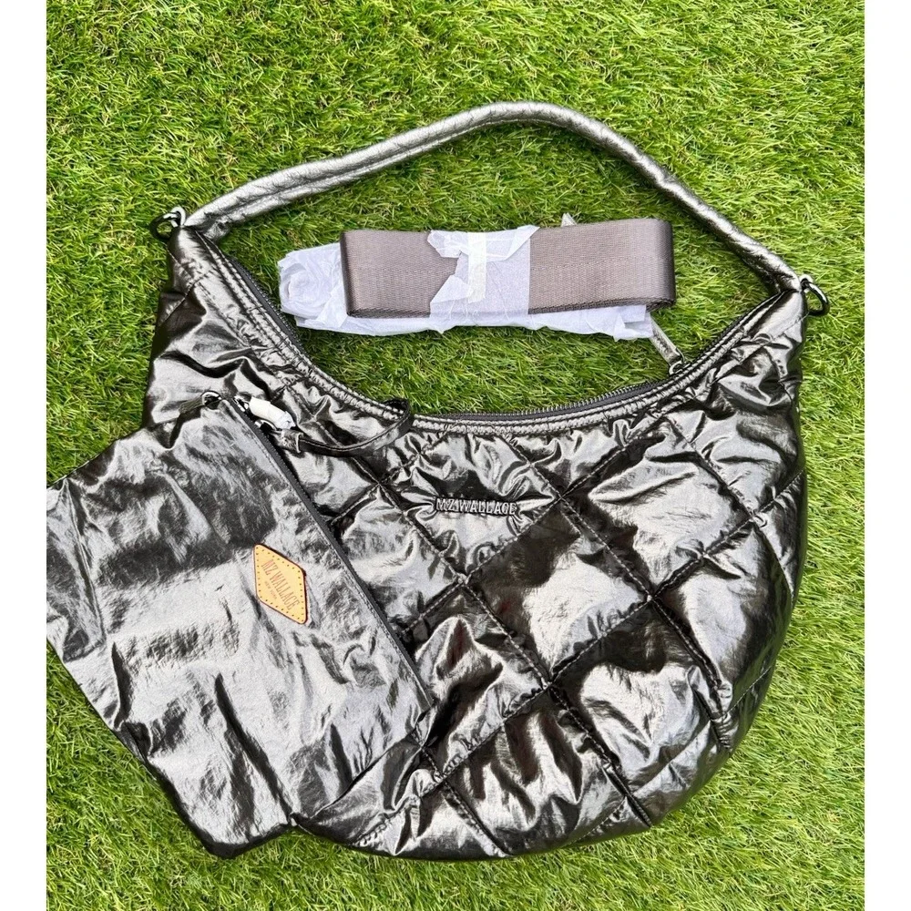 MZ WALLACE Madison Shoulder Bag Quilted Nylon Bag ~NWOT~ Gray Metallic